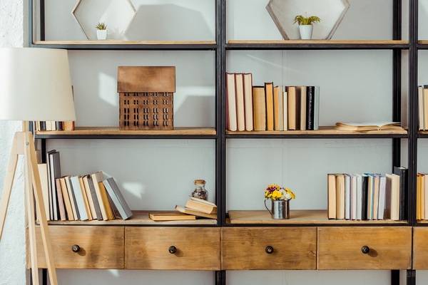 Estantería con cajas y libros organizados en tonos neutros
